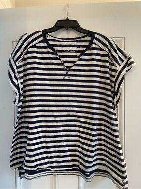 aerie Navy and White Striped V-Neck Short Sleeve Tee